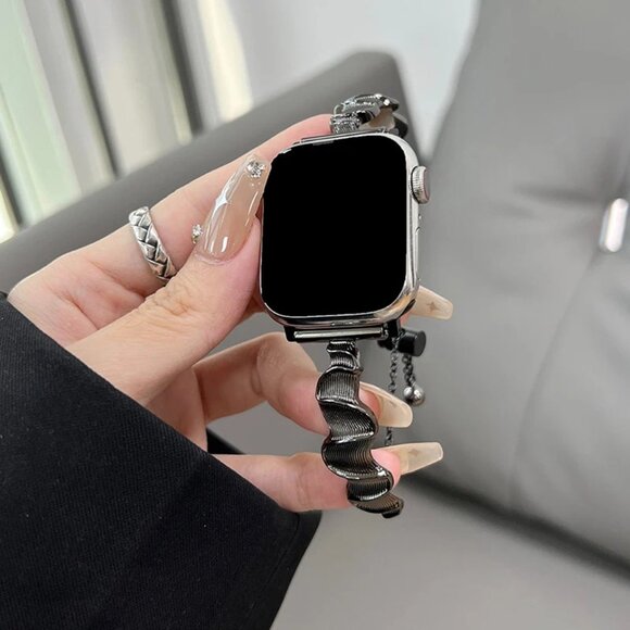 Apple Watch Band Adjustable Slim Stylish Strap Silver Stainless Chain - Black - Picture 1 of 7